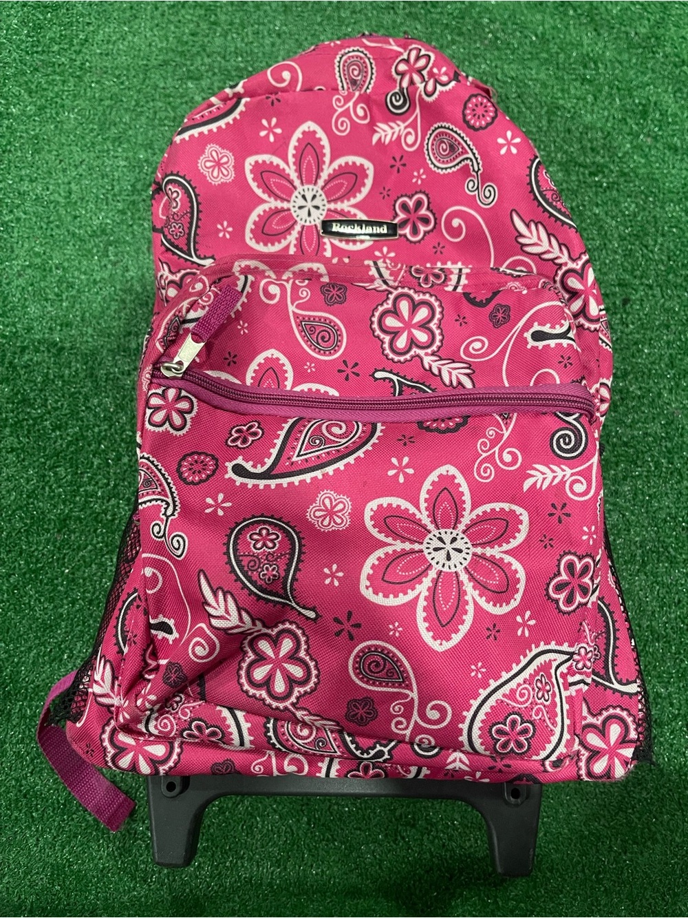 Rockland Roadster 17” Rolling Backpack Pink Bandana Paisley Wheeled Travel Bag